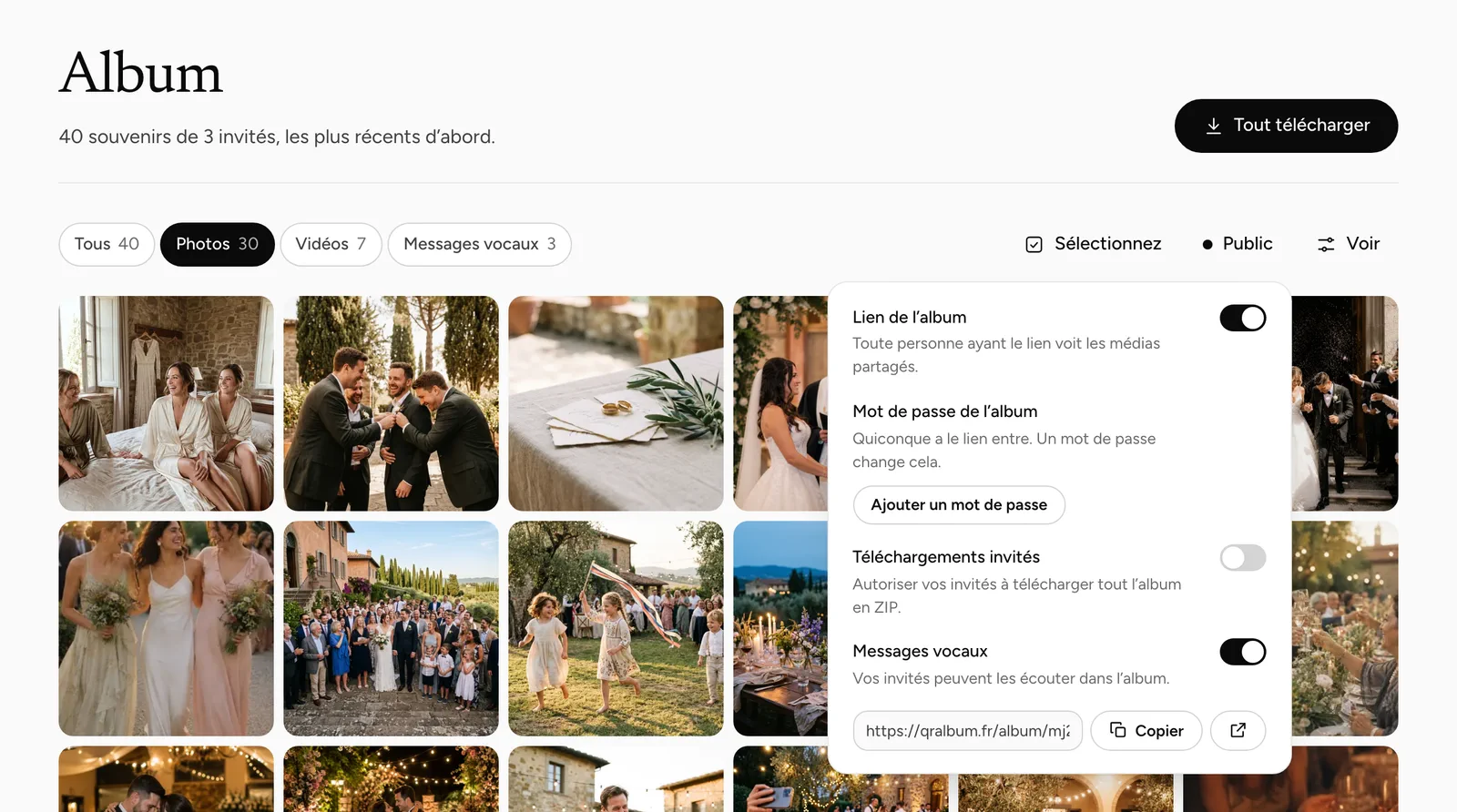Album dans le tableau de bord, panneau Partage ouvert : lien de l’album activé, téléchargements invités désactivés.
