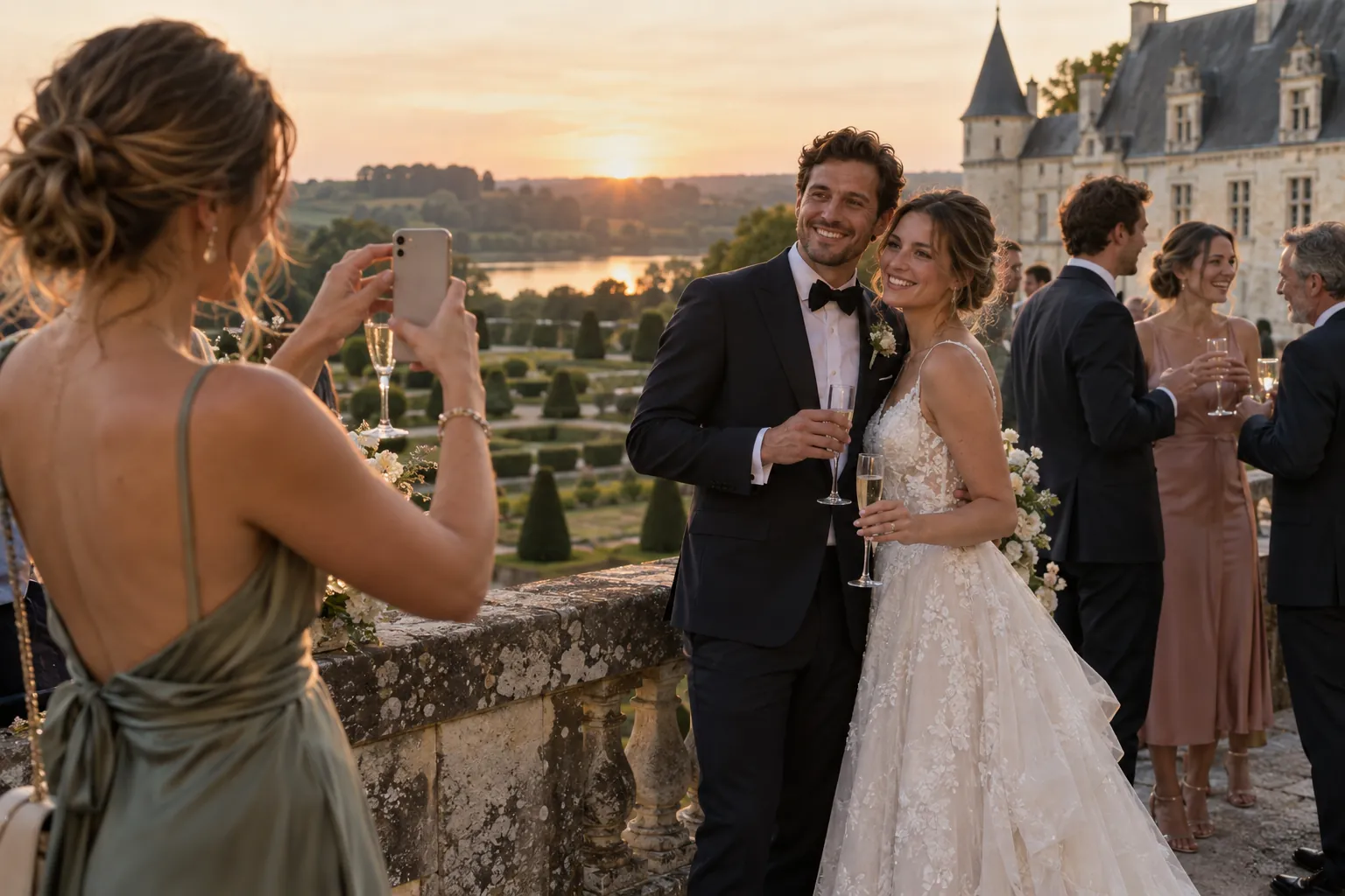 Sur la terrasse d’un château de la Loire, une invitée photographie les mariés avec son téléphone au coucher du soleil