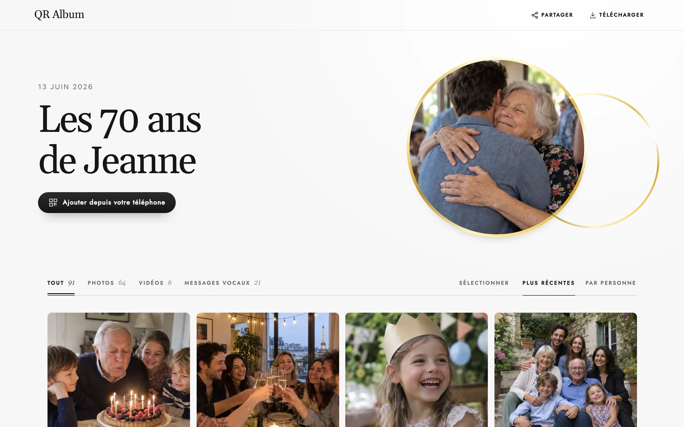 Album d’anniversaire « Les 70 ans de Jeanne » au design Union sur ordinateur, avec photos, vidéos et messages vocaux