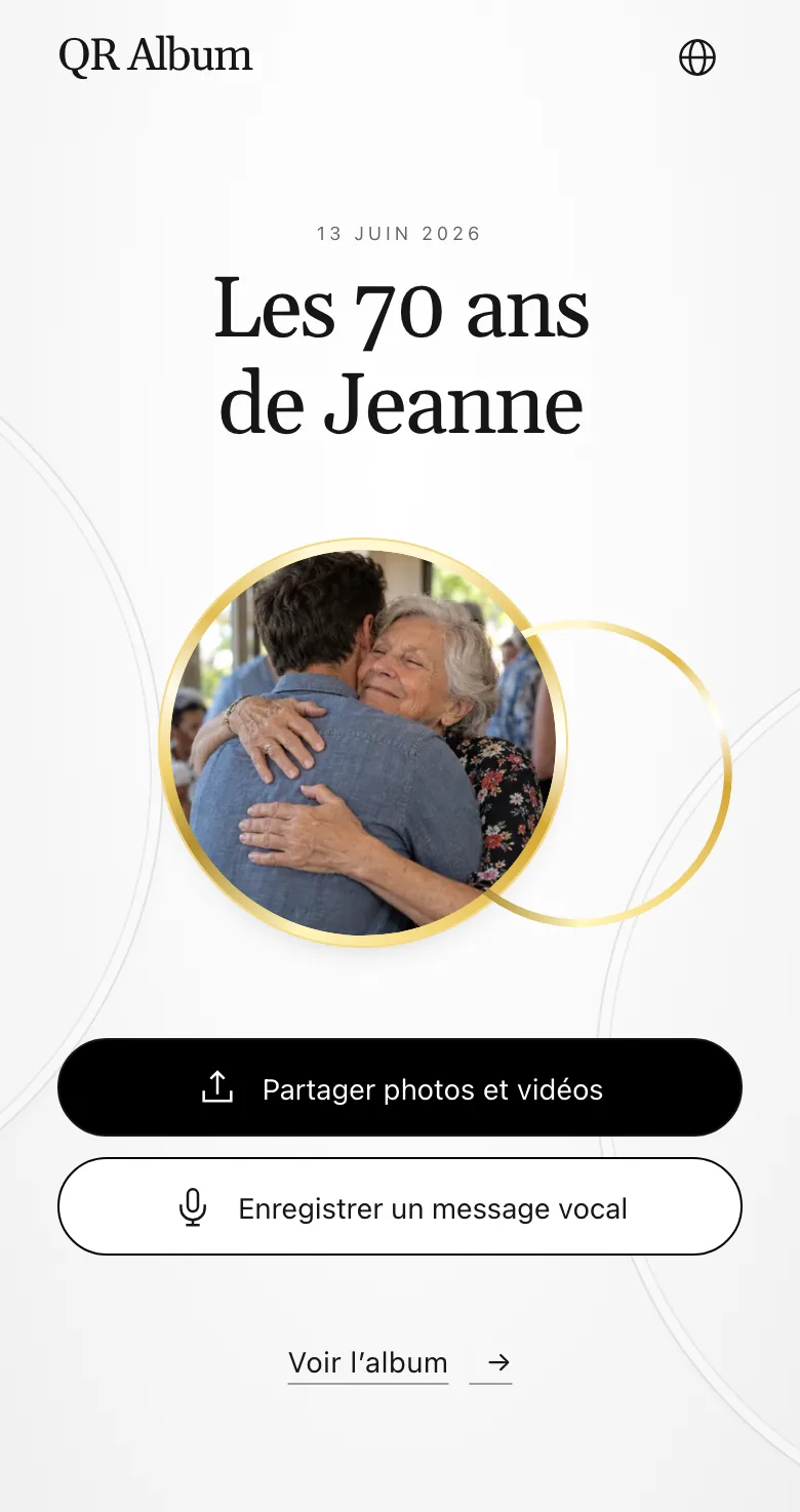 Page invité d’anniversaire au design Union sur téléphone, avec les boutons photos, vidéos et message vocal