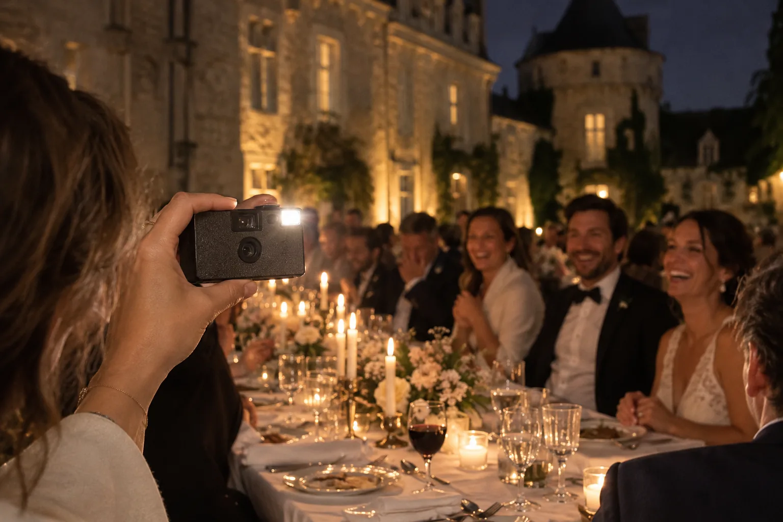 Pendant un dîner de mariage au château, une invitée déclenche un appareil photo jetable avec le flash