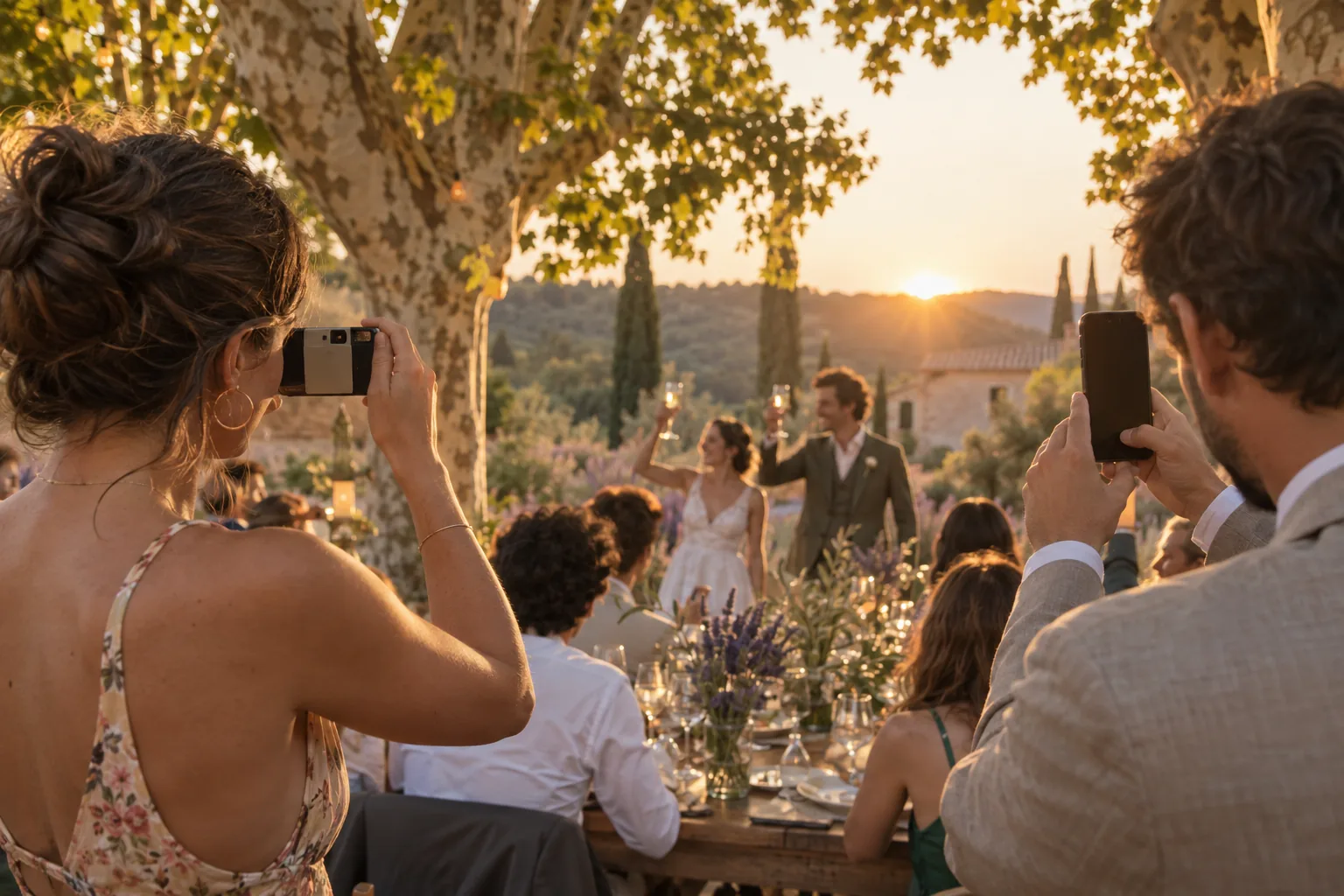 Une invitée photographie les mariés avec un appareil photo jetable pendant un vin d’honneur en Provence, un invité filme avec son téléphone