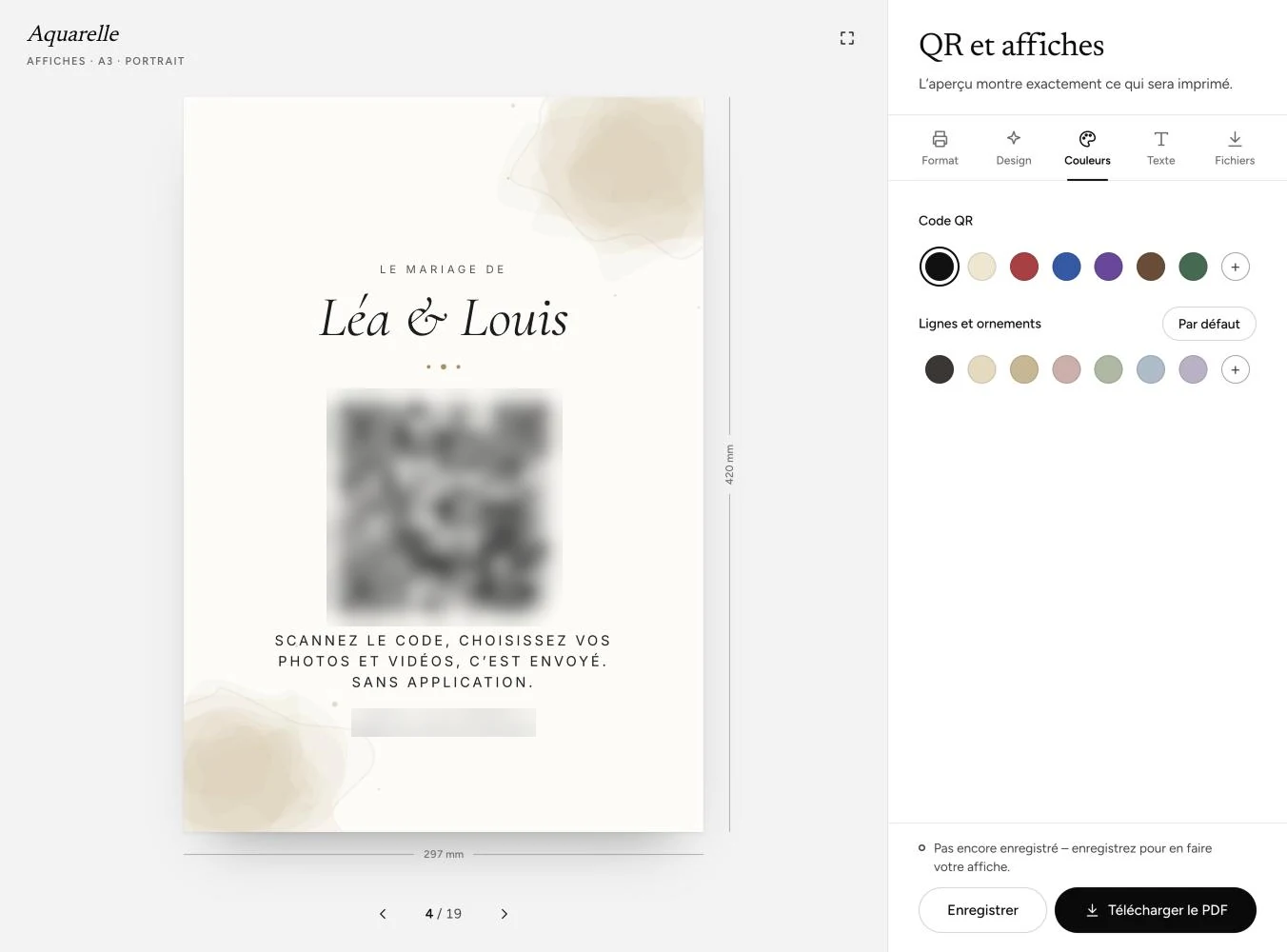 L’onglet QR et affiches du tableau de bord QR Album : une affiche A3 au design Aquarelle avec le texte de ce guide, à côté du panneau Couleurs