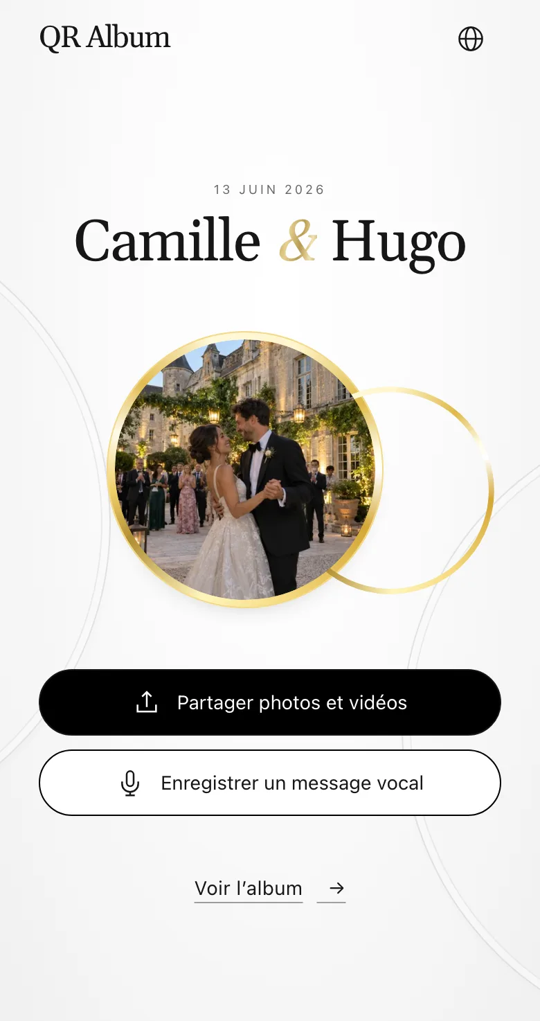 Page invité au design Union sur un téléphone, avec le bouton pour enregistrer un message vocal