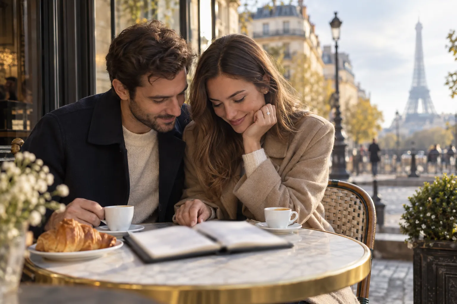 Un couple de fiancés compare des devis de mariage dans un carnet à la terrasse d’un café