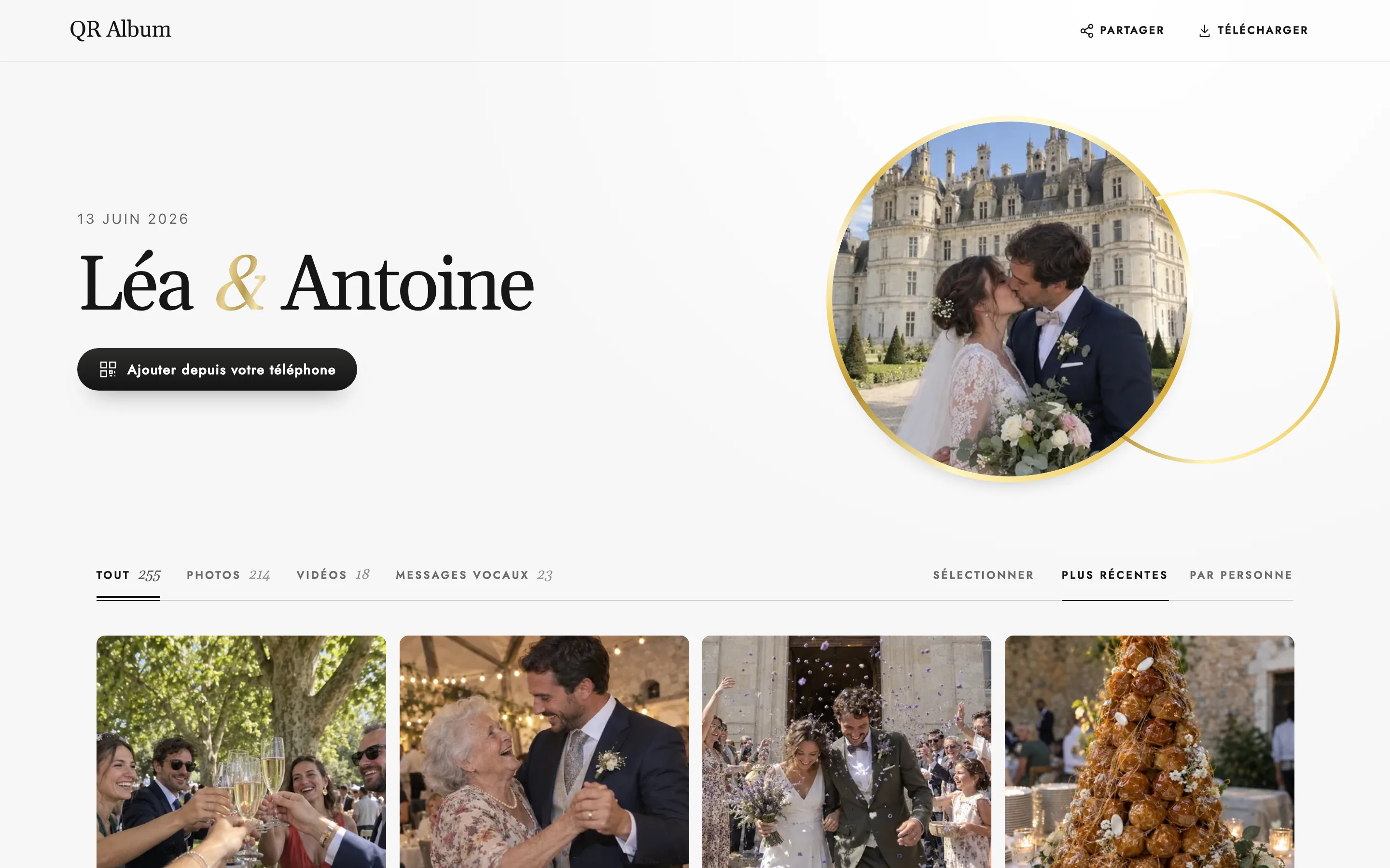 Album des invités sur ordinateur avec les photos du mariage de Léa et Antoine