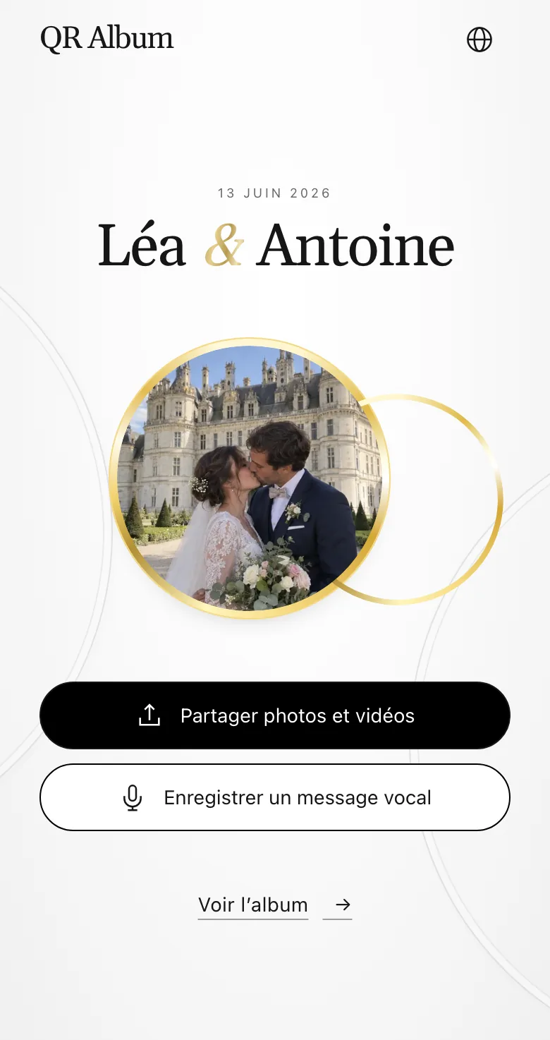 Page invité sur téléphone avec le bouton Partager photos et vidéos