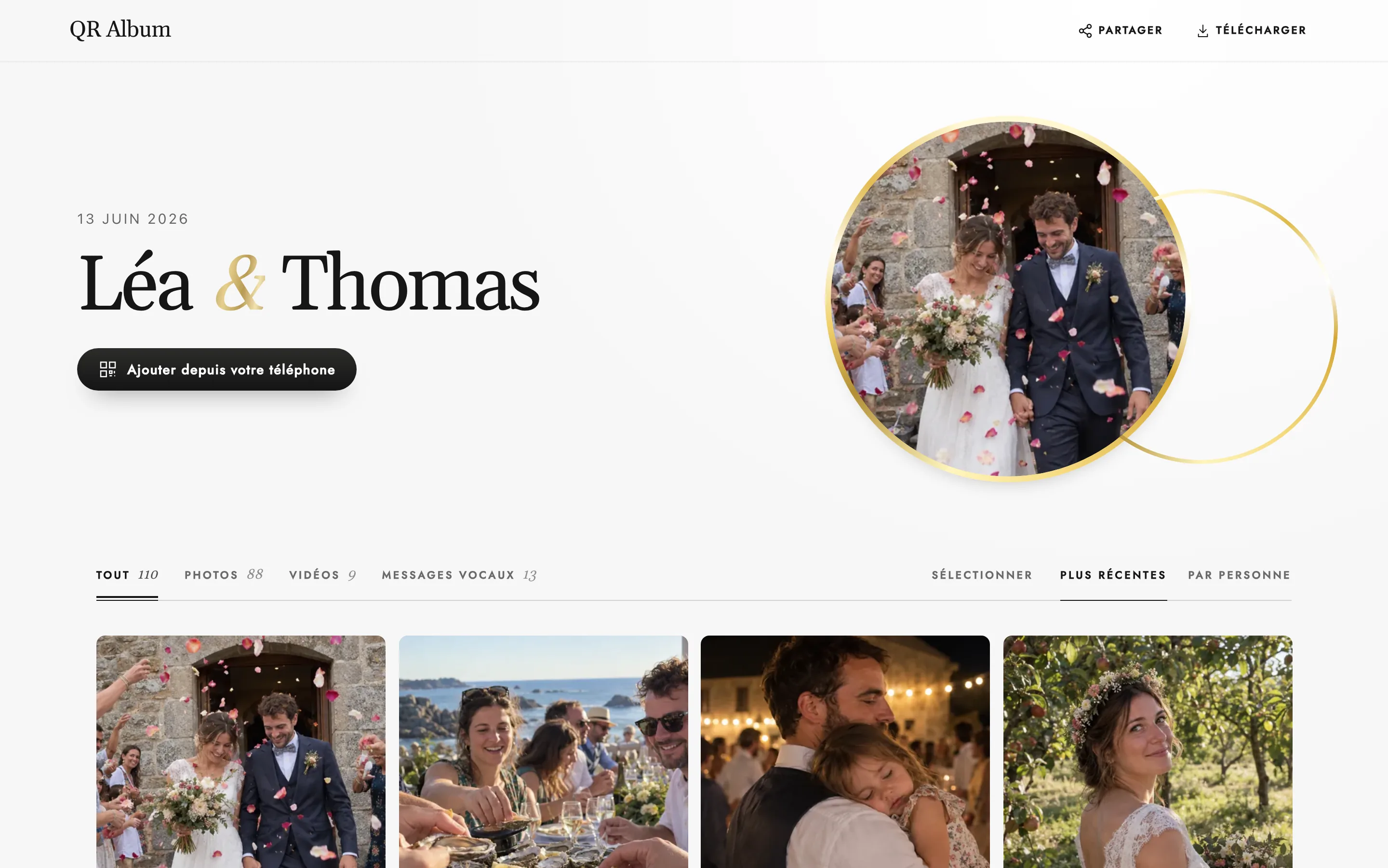 Album des invités de Léa & Thomas au design Union sur ordinateur, avec photos, vidéos et messages vocaux