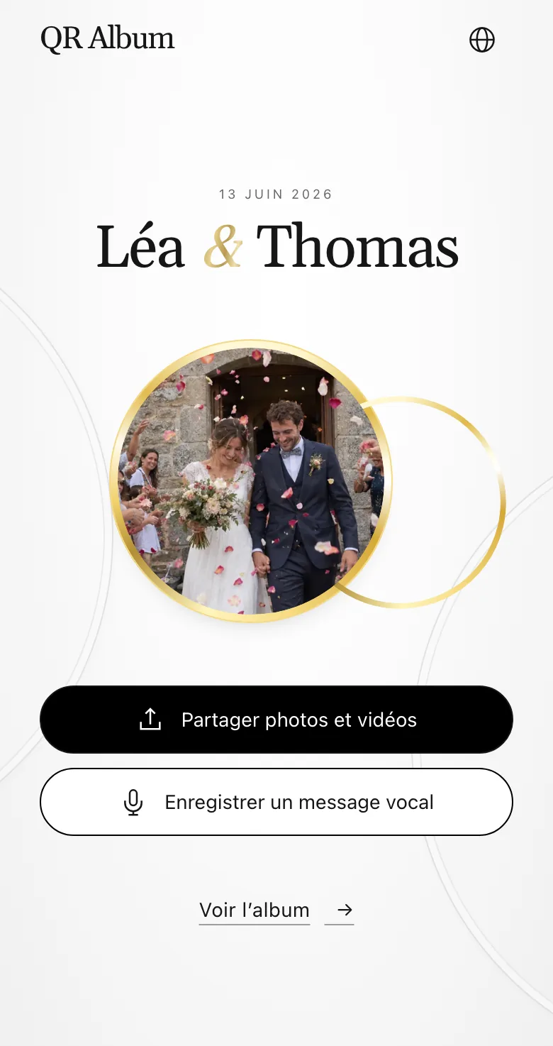 Page invité au design Union sur téléphone, avec les boutons photos, vidéos et message vocal