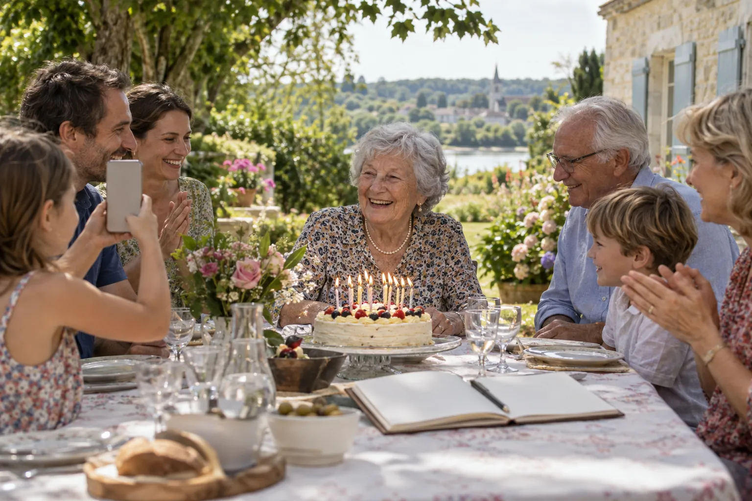 Déjeuner d’anniversaire en famille dans un jardin, une grand-mère rit devant son gâteau, un livre d’or ouvert sur la table