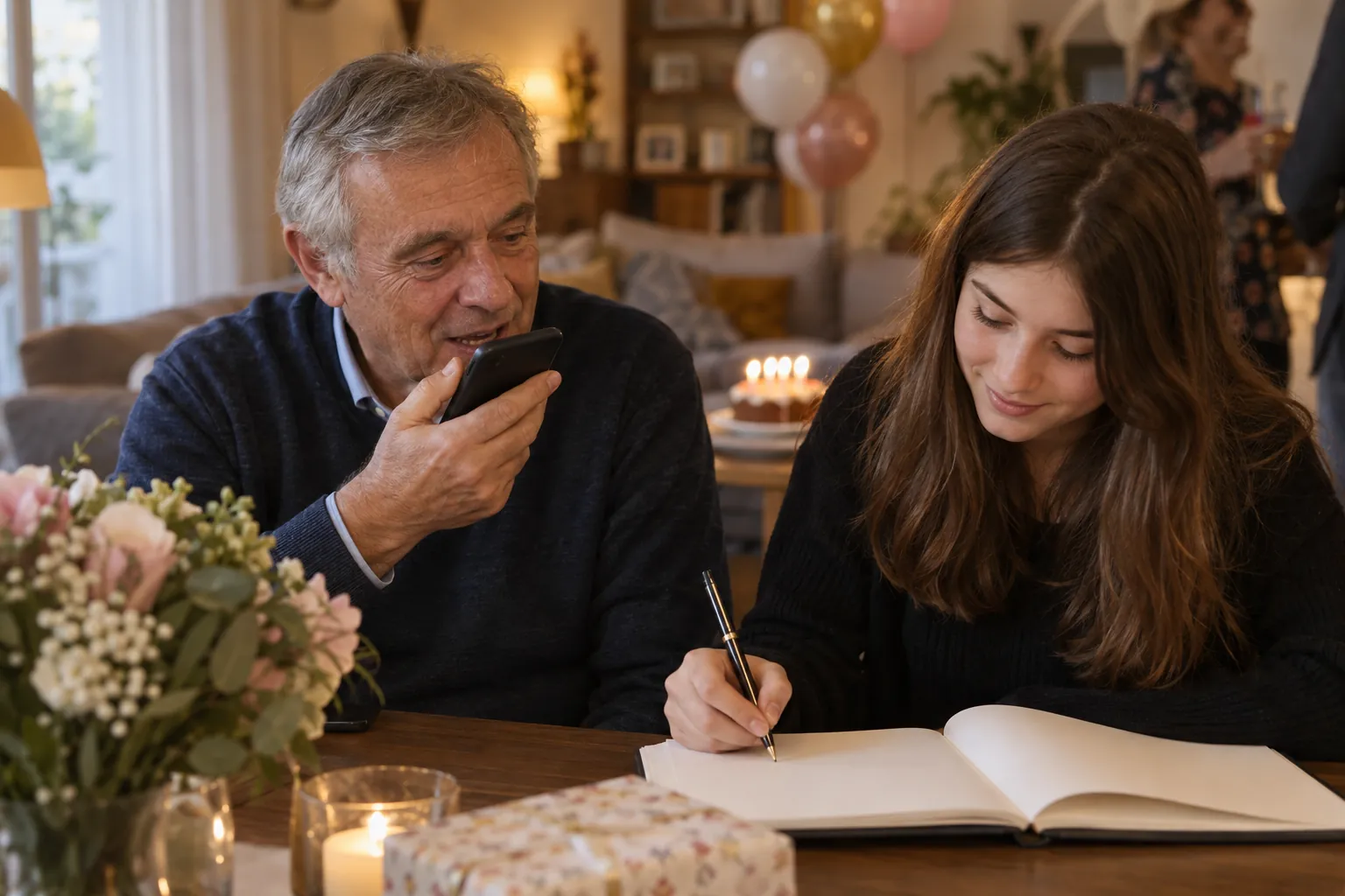 Lors d’un anniversaire en famille, un oncle enregistre un message vocal pendant que sa nièce écrit dans le livre d’or