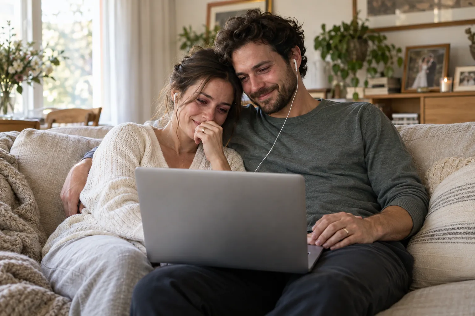 Un couple de jeunes mariés sur un canapé partage des écouteurs et écoute les messages sur un ordinateur portable