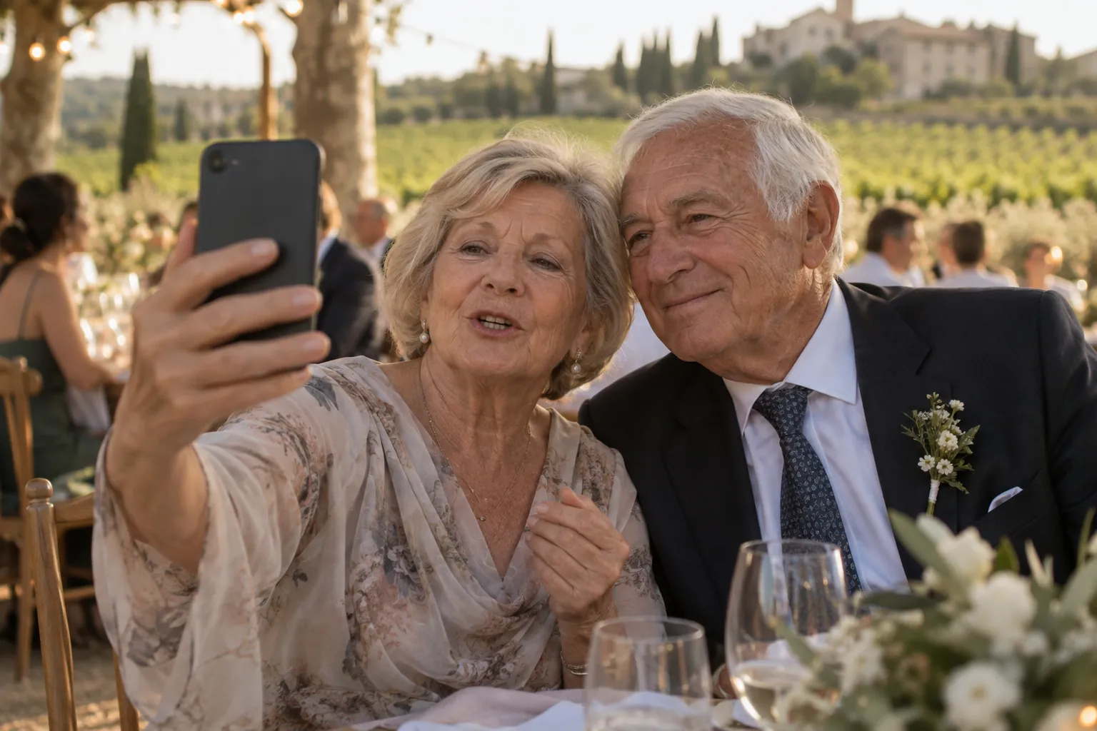 Deux invités âgés partagent un téléphone pour enregistrer un message ensemble lors d’une réception dans les vignes