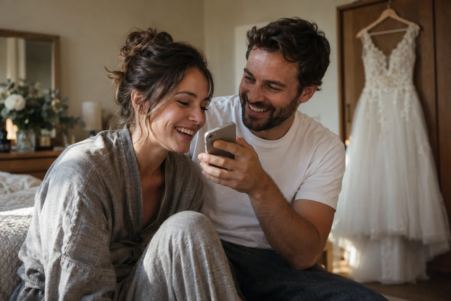 Une future mariée parle dans un téléphone que le marié tient pour elle, tous deux rient, la robe suspendue derrière eux