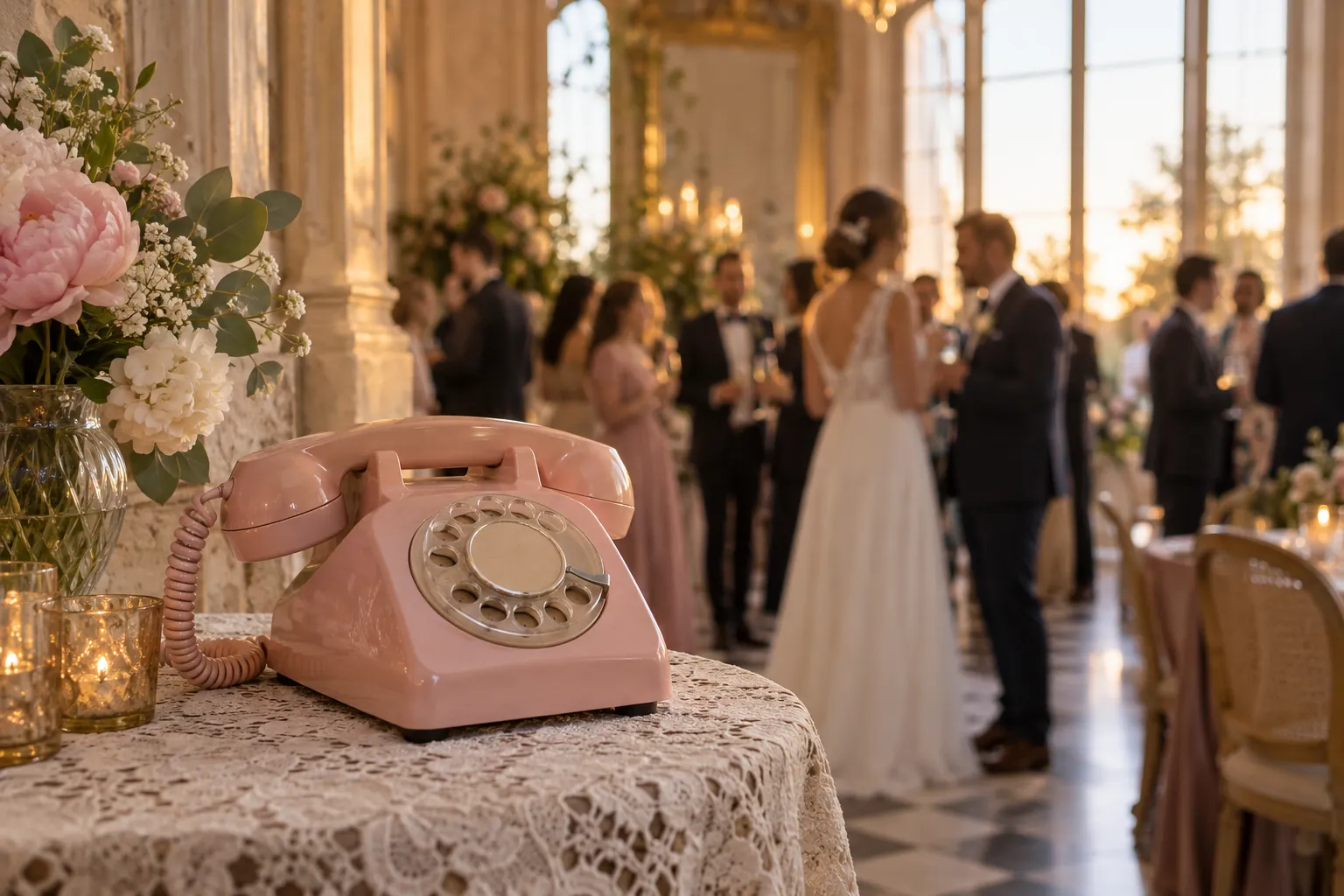 Un téléphone vintage rose posé sur une table en dentelle dans la salle de réception d’un château