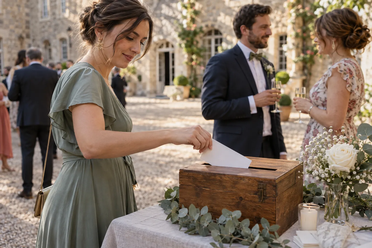 Une invitée glisse une enveloppe dans une urne en bois sur une table de mariage dans la cour d’un château