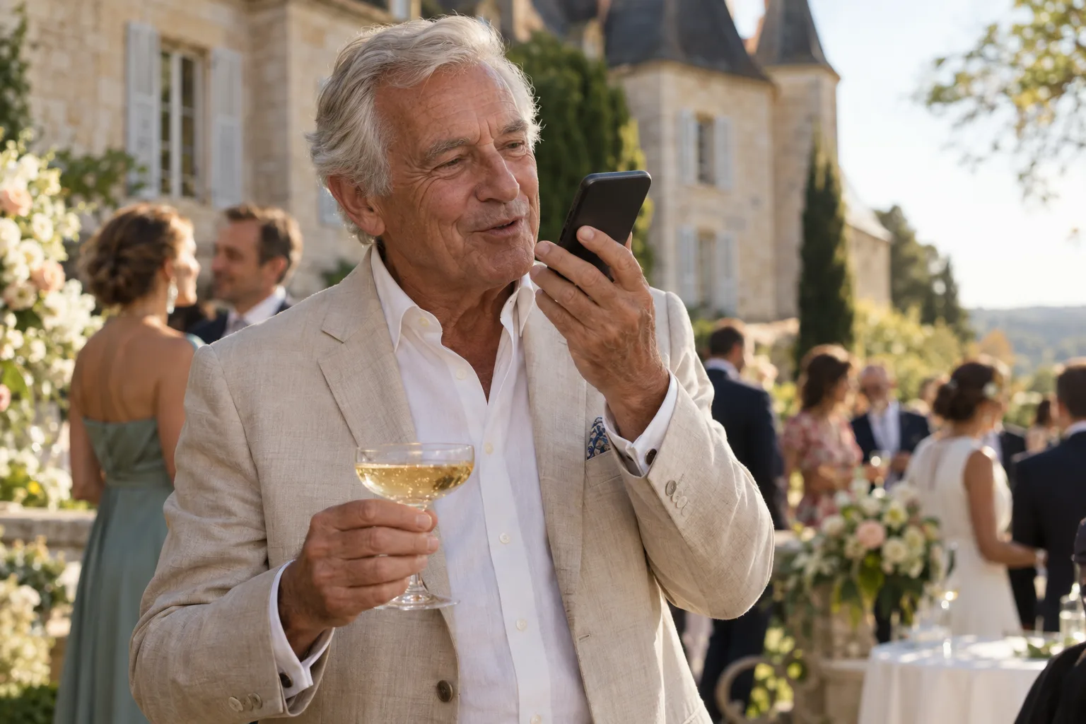 Un invité âgé enregistre un message vocal sur son téléphone pendant le vin d’honneur devant un château