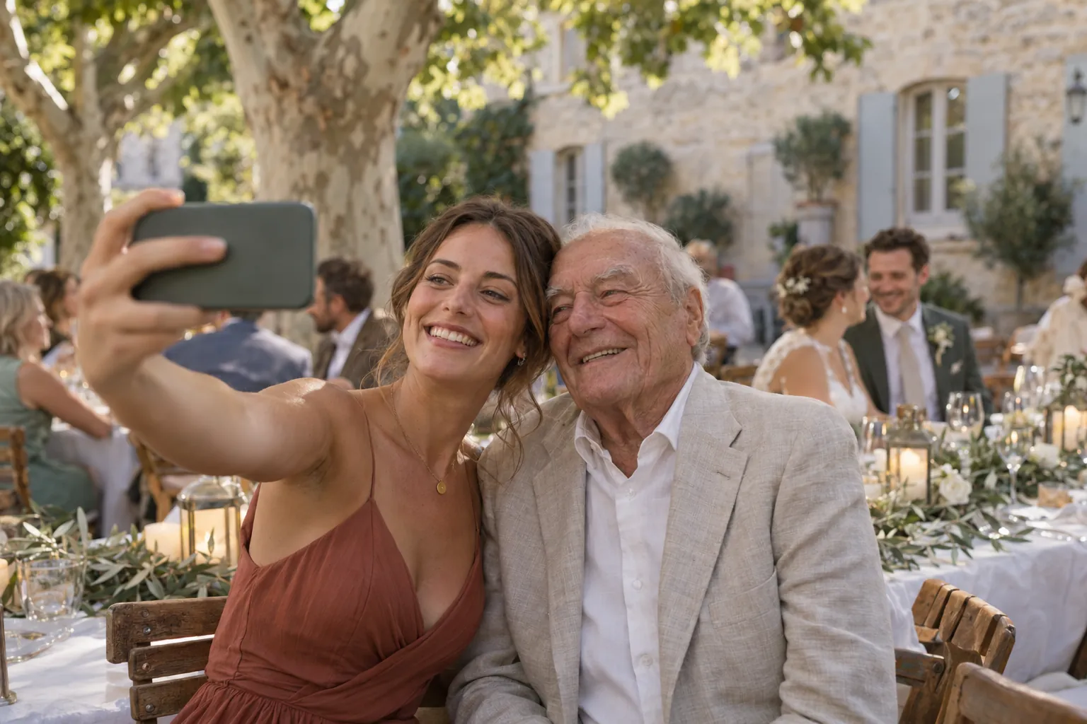 Une invitée et son grand-père enregistrent un message vidéo sur un téléphone pendant un dîner de mariage en Provence