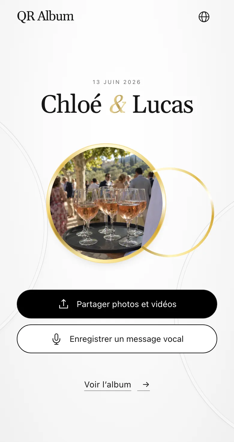 Page invité au design Union sur téléphone avec le bouton « Partager photos et vidéos »