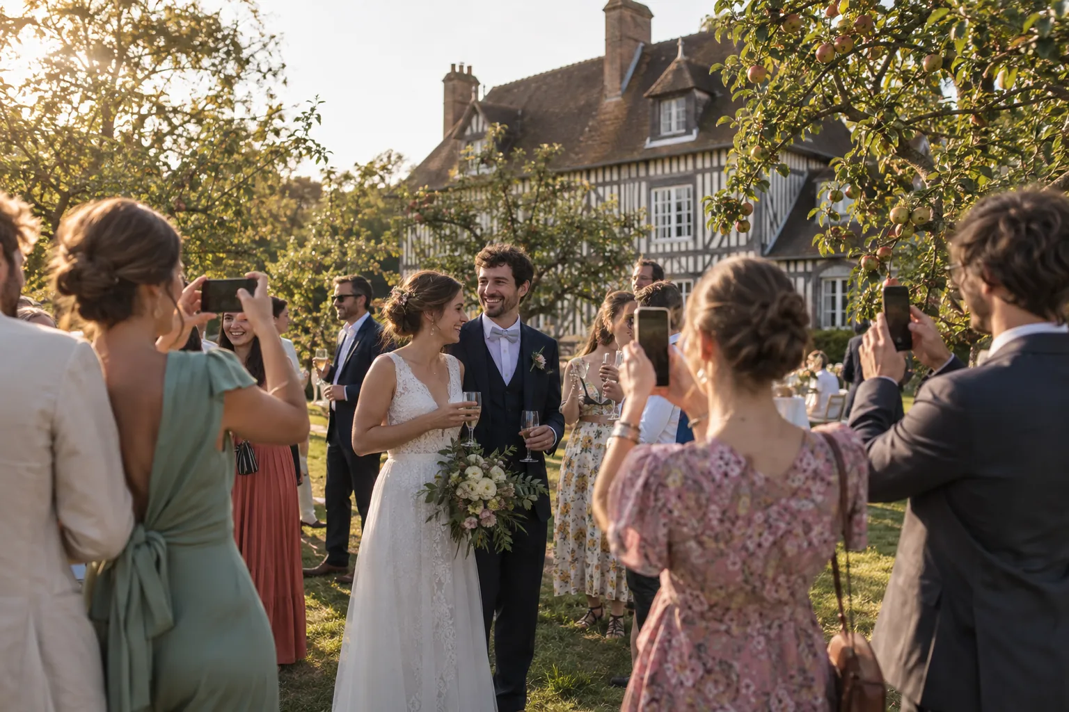 Pendant le vin d’honneur dans un verger normand, des invités photographient les mariés avec leur téléphone