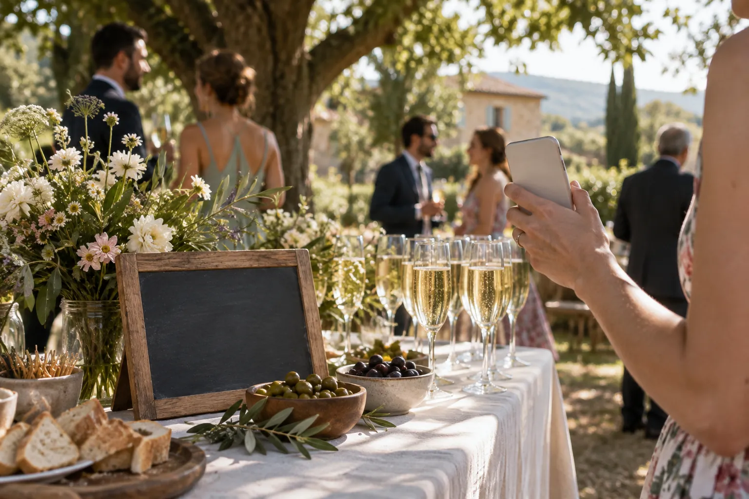 Une petite ardoise vierge à côté des coupes de champagne, la main d’un invité tient un téléphone