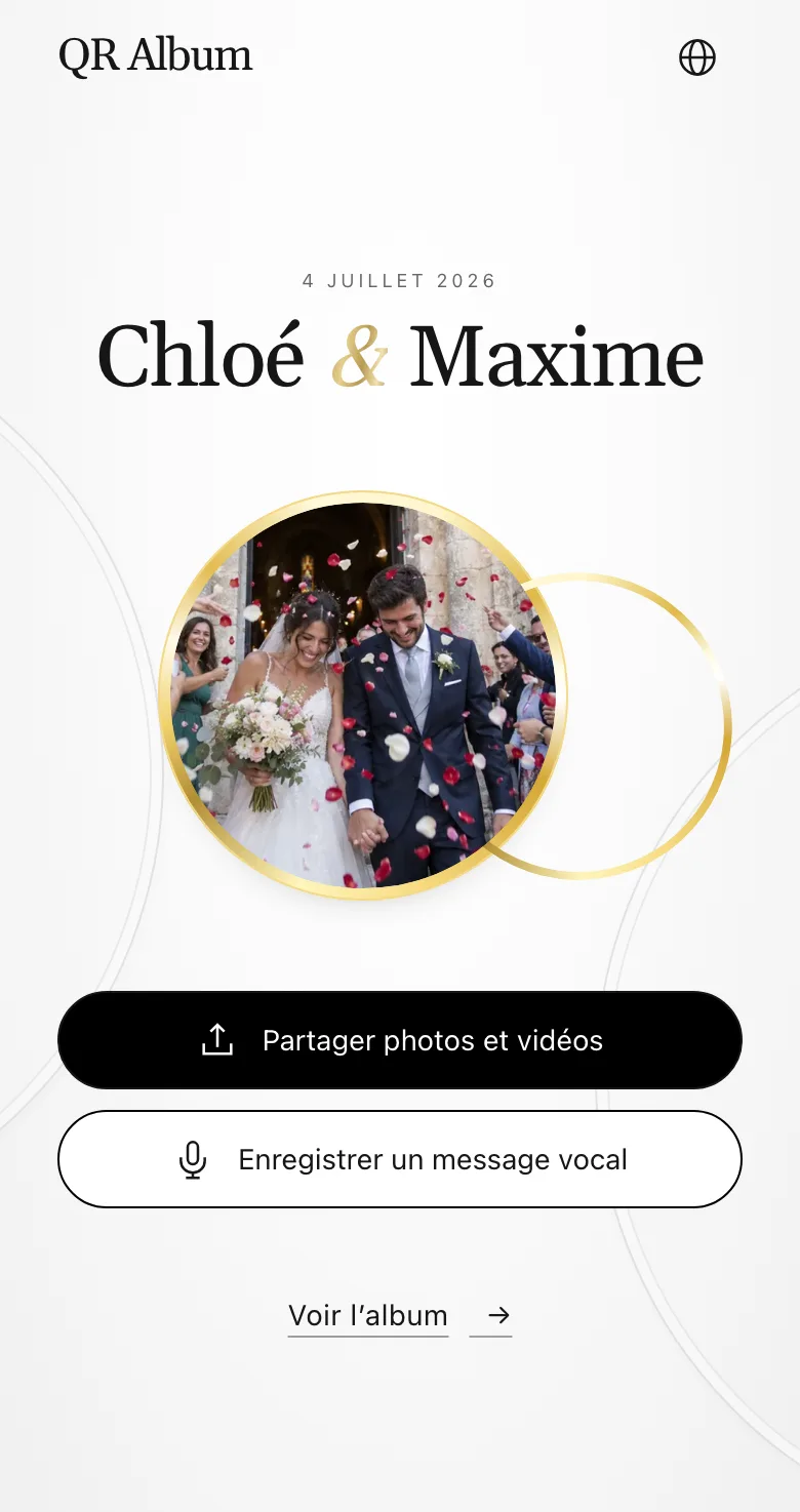 Page invité dans le design Union sur téléphone : partager photos et vidéos ou enregistrer un message vocal