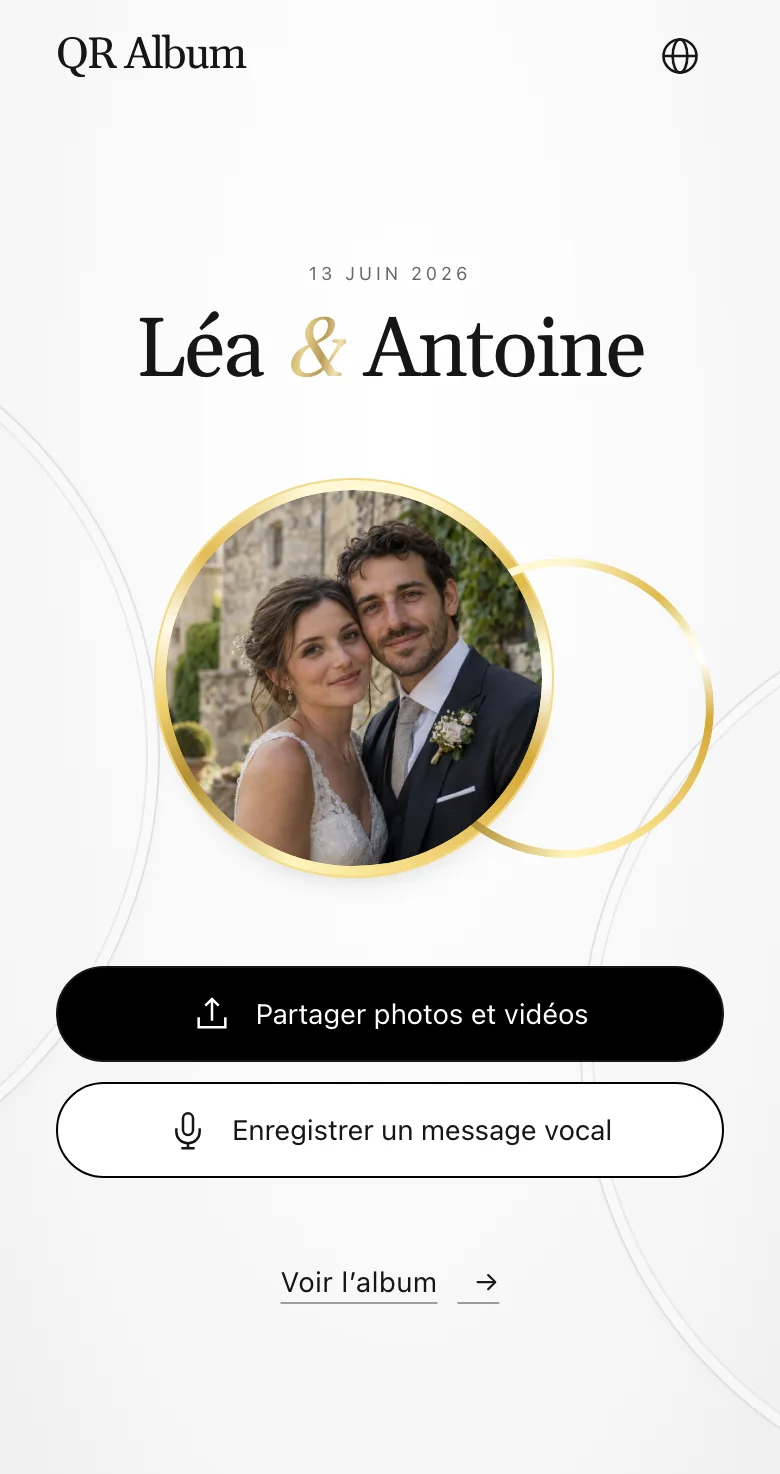 La page invité au design Union sur téléphone, avec le bouton « Partager photos et vidéos »